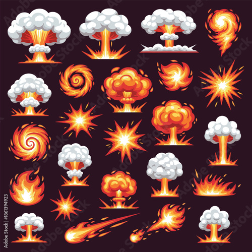 Cartoon bomb explosion blast effect, cartoon explosive effect, comic blast, smoke clouds, steam clouds, puff, mist, fog, energy explosion, flame smoke cloud, vector illustration