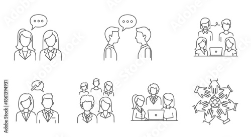 Line art illustrations of business people communicating and collaborating in various group settings with laptops and speech bubbles with communication
