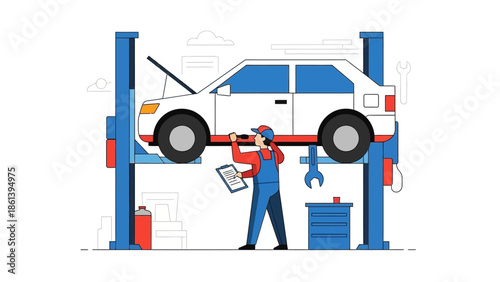 Car Repair Service: Mechanic Inspecting Vehicle on Lift