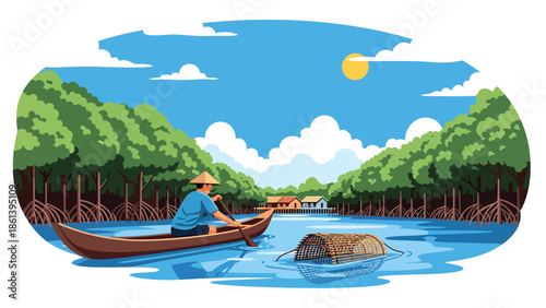 Modern vector illustration of traditional river fisherman paddling canoe near mangroves and village riverbank, inland fishing livelihood and rural economy concept