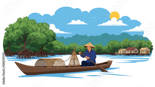 Modern vector illustration of traditional river fisherman paddling canoe near mangroves and village riverbank, inland fishing livelihood and rural economy concept