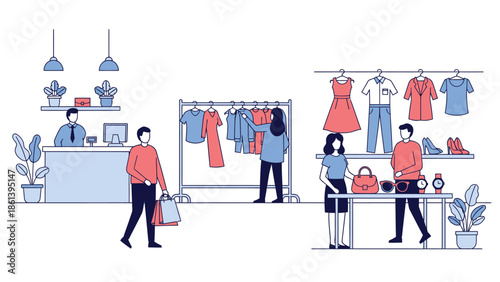 Fashion store shopping, people buying clothes and accessories
