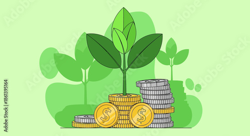 Stacks of coins with growing plant illustration, symbolizing financial growth and investment in a green economy with sustainability and eco friendly