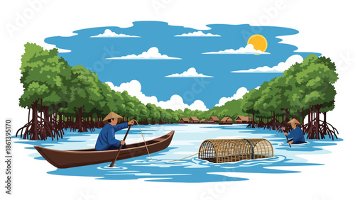 Modern vector illustration of traditional river fisherman paddling canoe near mangroves and village riverbank, inland fishing livelihood and rural economy concept