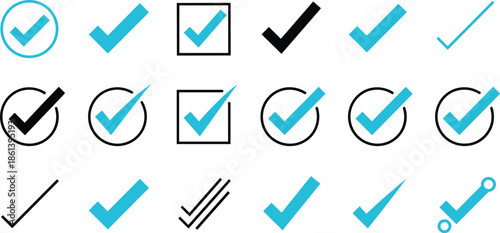 Professional blue and black checkmark icon set featuring various tick styles, checkbox symbols, and approval marks for web user interface and survey design projects.