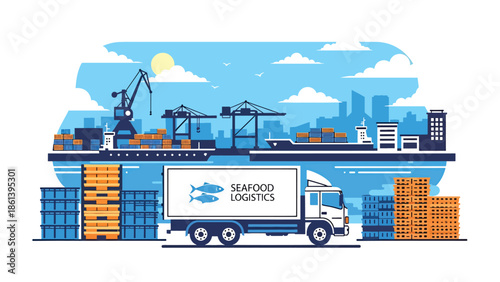 Modern vector illustration of seafood logistics near port with refrigerated truck, fish crates, and cargo ships, cold chain distribution and fishery supply concept