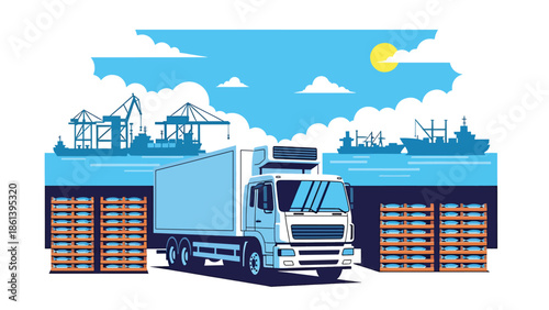 Modern vector illustration of seafood logistics near port with refrigerated truck, fish crates, and cargo ships, cold chain distribution and fishery supply concept