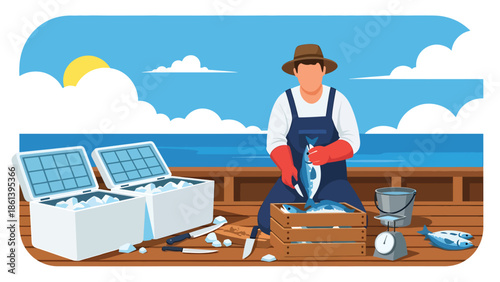 Modern vector illustration of fisherman cleaning and preparing fish on boat deck with ice boxes and open sea background, seafood handling and hygiene concept