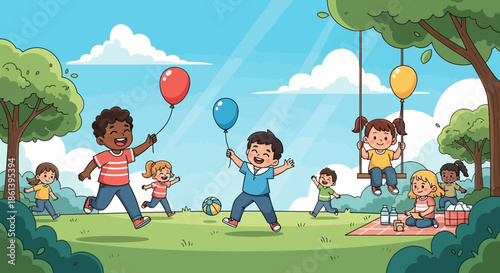 Happy children playing with colorful balloons in a sunny park with trees and a picnic blanket with happy kids and sunny day and outdoor fun and carefree