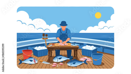 Modern vector illustration of fisherman cleaning and preparing fish on boat deck with ice boxes and open sea background, seafood handling and hygiene concept