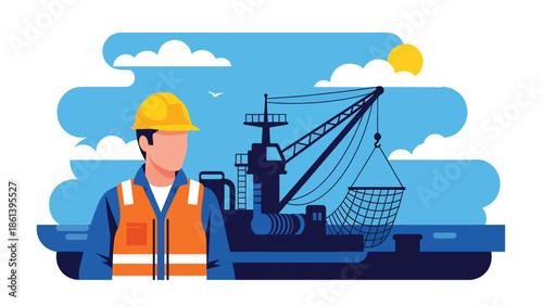 Modern vector illustration of professional fisherman wearing safety gear on industrial vessel with heavy equipment and ocean background, fishery workforce concept