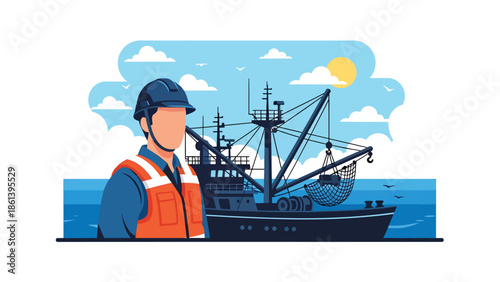 Modern vector illustration of professional fisherman wearing safety gear on industrial vessel with heavy equipment and ocean background, fishery workforce concept