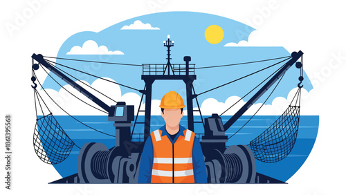 Modern vector illustration of professional fisherman wearing safety gear on industrial vessel with heavy equipment and ocean background, fishery workforce concept