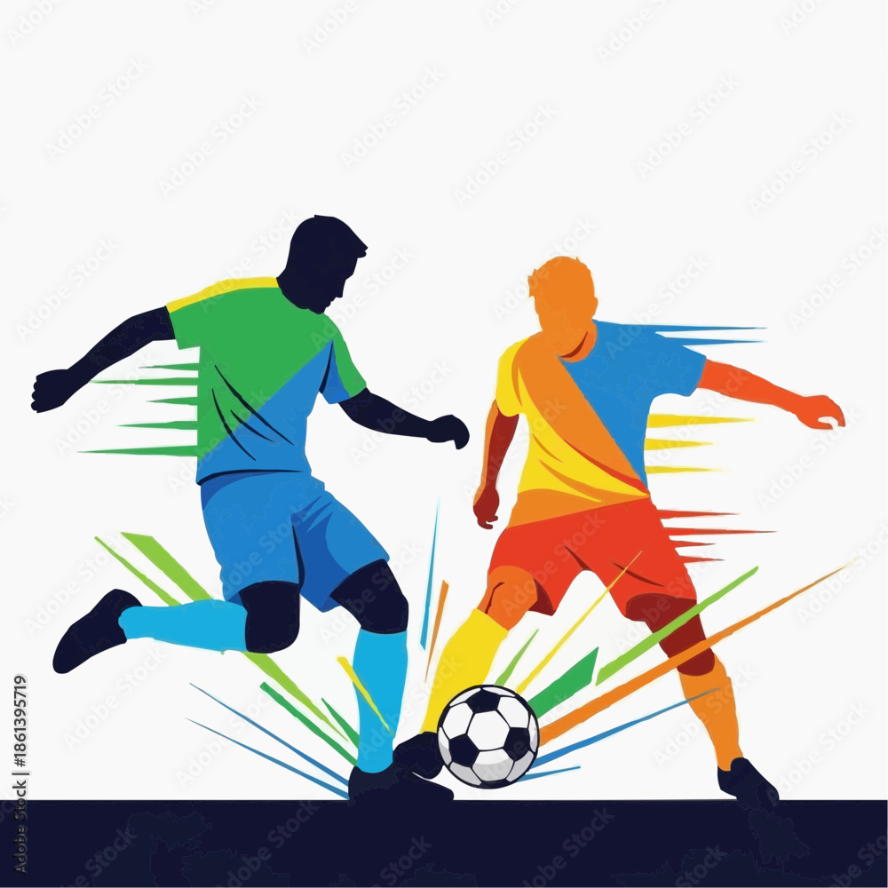 Obraz premium Two stylized soccer players in colorful jerseys kicking a football with dynamic energy lines, depicting a vibrant sports moment.
