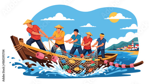 Modern vector illustration of fishermen team pulling heavy fishing net onto boat with splashing waves and cloudy sky, teamwork and labor-intensive fishing concept