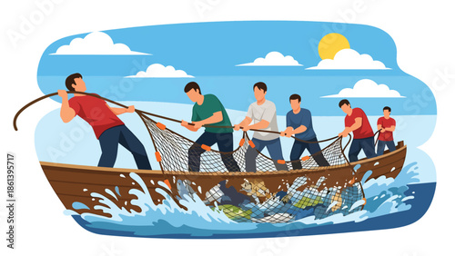 Modern vector illustration of fishermen team pulling heavy fishing net onto boat with splashing waves and cloudy sky, teamwork and labor-intensive fishing concept