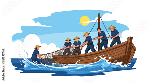 Modern vector illustration of fishermen team pulling heavy fishing net onto boat with splashing waves and cloudy sky, teamwork and labor-intensive fishing concept