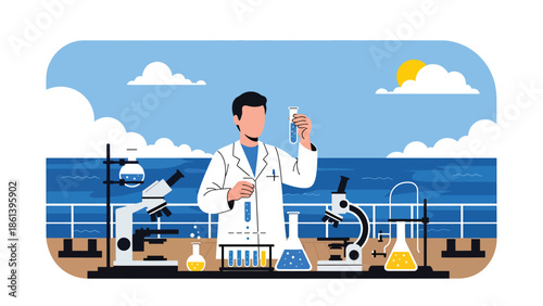 Modern vector illustration of marine research vessel with scientists collecting samples at sea, fishery science and sustainable ocean management concept