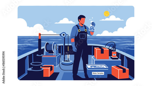 Modern vector illustration of marine research vessel with scientists collecting samples at sea, fishery science and sustainable ocean management concept