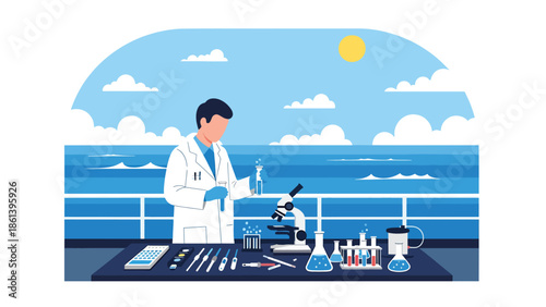 Modern vector illustration of marine research vessel with scientists collecting samples at sea, fishery science and sustainable ocean management concept