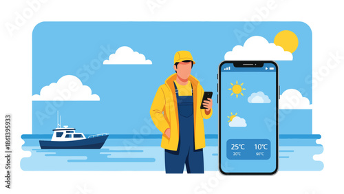 Modern vector illustration of fisherman checking weather forecast before sailing, small boat at dock with cloudy sky, maritime safety and trip planning concept