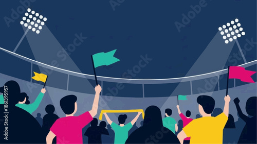 Crowd of cheering fans in stadium with flags and stadium lights, celebrating a sporting event