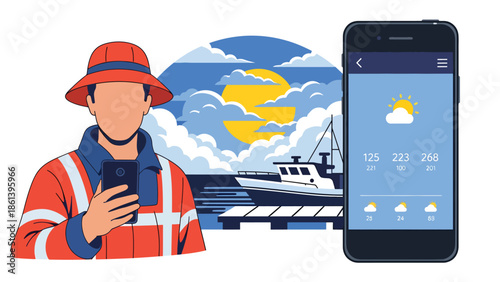 Modern vector illustration of fisherman checking weather forecast before sailing, small boat at dock with cloudy sky, maritime safety and trip planning concept