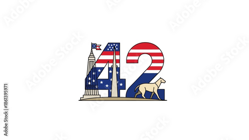 Number 42 with American Flag, NYC Skyline, and Dog