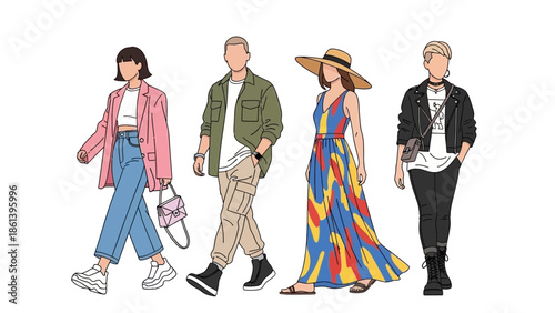 Diverse Group of People Walking, Fashionable Outfits, Modern Style