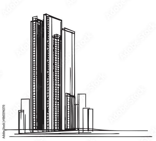 High rise building black sketch. Architecture
