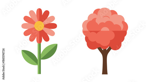 Flat Design Flower and Tree Icons, Simple Botanical Art