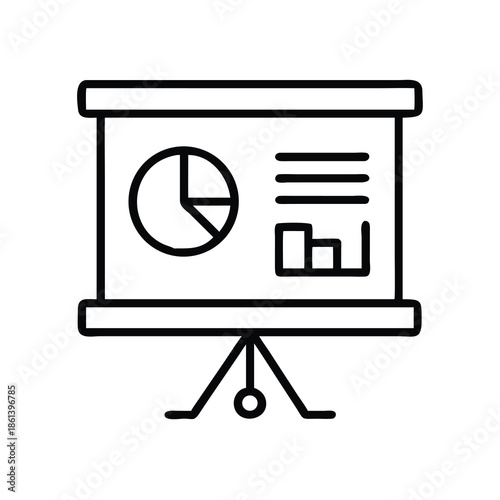 Presentation board easel with pie chart icon, symbolizing corporate meetings and educational lectures