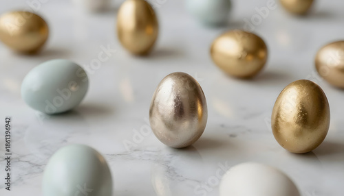 Elegant macro photography of glossy gold and silver Easter eggs arranged on a white marble surface. Refined minimalist composition with reflective metallic textures and soft studio lighting. luxury