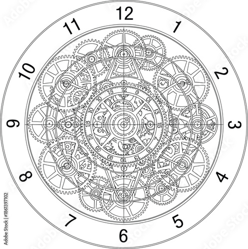 Vintage clockwork mechanism with Roman numerals and complex internal gear system technical line art illustration vector for time concept.