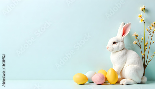 Minimalist studio shot of a white Easter bunny sitting sideways with colorful Easter eggs on a soft pastel turquoise background. Clean composition with generous copy space,  lighting and soft colors, 