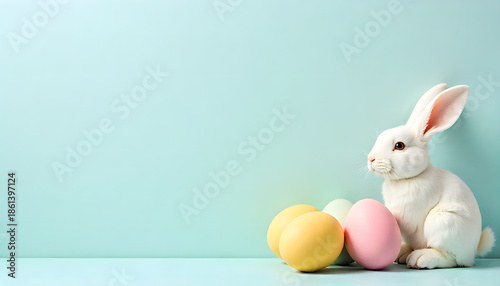 Minimalist studio shot of a white Easter bunny sitting sideways with colorful Easter eggs on a soft pastel turquoise background. Clean composition with generous copy space,  lighting and soft colors, 