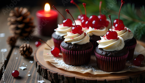 Close-up macro photo of a Black Forest cherry cake slice with rich chocolate layers, fresh cream and cherries, served on a rustic wooden background. Traditional German dessert presented in an elegant,