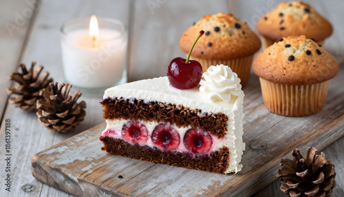 Close-up macro photo of a Black Forest cherry cake slice with rich chocolate layers, fresh cream and cherries, served on a rustic wooden background. Traditional German dessert presented in an elegant,