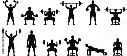Fitness exercise silhouettes set, weightlifting workout poses, strength training icons, gym equipment illustration, bodybuilding routine collection, squat press deadlift movements,