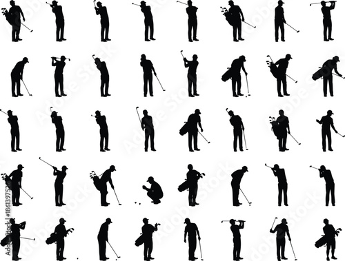 Golf player silhouettes set, golfer swing sequence collection, black isolated sports people icons, golf action poses, training motion analysis illustration bundle