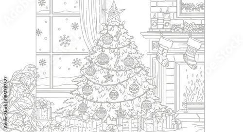 Christmas tree with ornaments and presents by the fireplace with stockings hanging on the mantle illustration with holiday illustration and graphic design