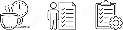 Black linear icons for productivity and workflow management featuring a coffee break time symbol a professional with a task checklist and a gear settings clipboard for process optimization.