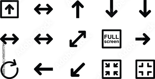 Black linear icon set featuring full screen mode directional arrows minimize symbols and resize pointers isolated on white background for web app interface design.