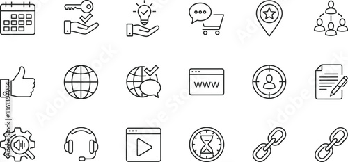 Professional set of black linear icons for business and web including calendar globe shopping cart customer support headset target and social media symbols isolated on white.