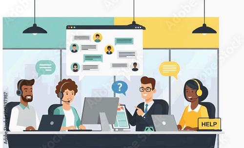 Professional agents with headsets assisting customers through digital platforms. Features chat bubbles and office workstations in a clean flat design.