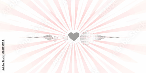 Vector illustration of a pink heart with wings on an abstract blue sky background featuring a bright orange sun burst with radial rays and a glowing star shine pattern design