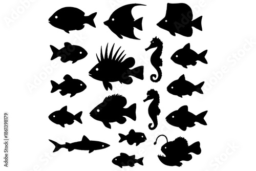 set of fish silhouettes,
Most Popular Sea Fishes Silhouettes Vector Illustration