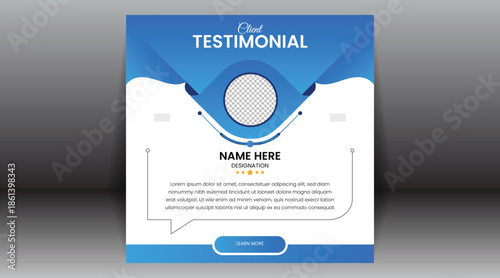 Customer feedback and client testimonial Vector Template design for Social Media Post with Circular Photo Frame, Speech Bubble Design, 5 Star Rating and Blue Abstract Background for Business Review