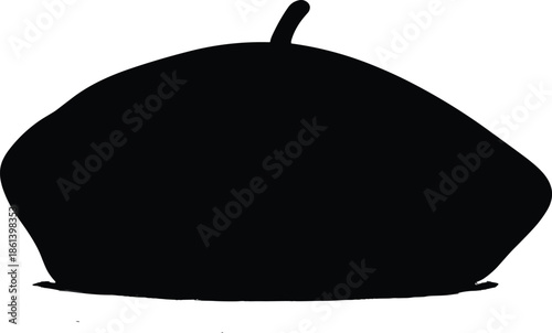Black beret hat silhouette icon with top stalk isolated on white background for French fashion style and classic clothing design