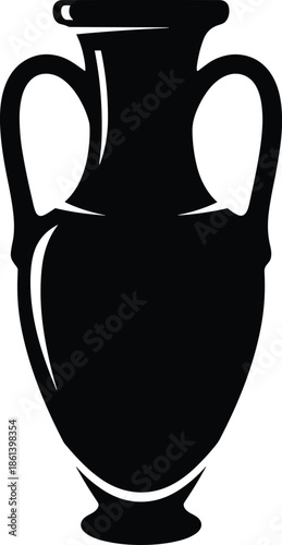 Black antique Greek amphora vase silhouette with two handles isolated on white background for ancient pottery and historical decor design